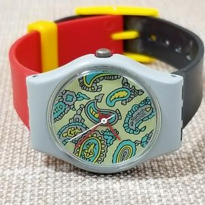 Vintage Swatch WORKING Multicolor Paisley Watch - Red, Yellow, Gray